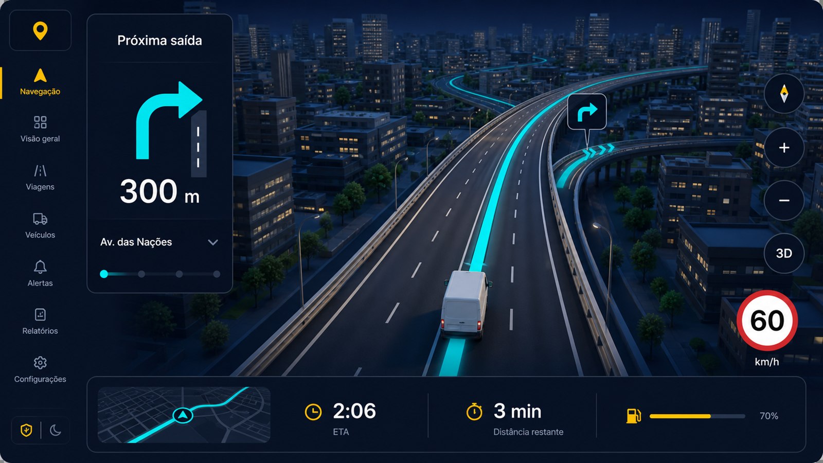 Interface Rastreall de navegação tridimensional com rota destacada